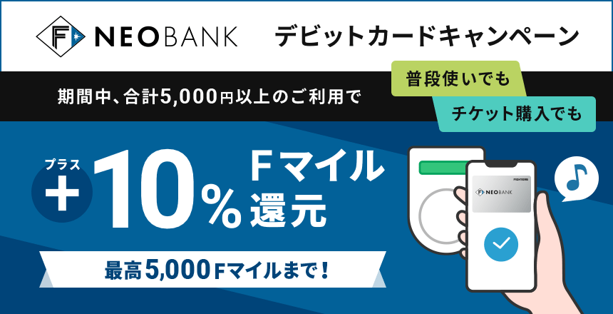 期間中、合計5,000円以上のデビットカードご利用で10%のFマイルをプレゼント これから口座を開設するかたも、すでに口座をお持ちのかたも対象。※上限は5,000Fマイルまで